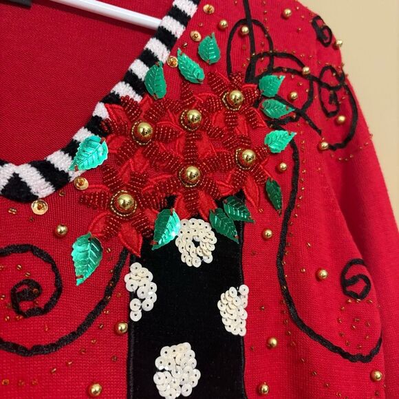 The Collective Works of Berek 2 Red Beaded Stocking Christmas Sweater Small - Picture 3 of 9